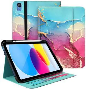 Zonefoker Case for iPad 11 inch (A16) 2025, for 10th Generation 10.9'' 2022, Leather iPad 11th/10 th Gen Protective Cover with Stand, Auto Sleep/Wake, Pencil Holder, Pocket Desige, Marble Teal Red