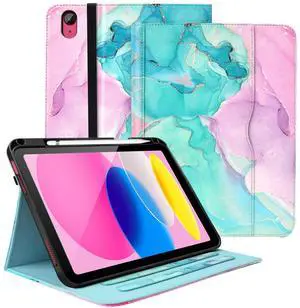 Zonefoker Case for iPad 11 inch (A16) 2025, for 10th Generation 10.9'' 2022, Leather iPad 11th/10 th Gen Protective Cover with Stand, Auto Sleep/Wake, Pencil Holder, Pocket Desige, Marble Teal Pink