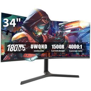 34 Inch Curved Monitor with Speaker, 180Hz UWQHD 3440x1440 Ultrawide Curved Gaming Monitor Split Screen, 4000:1 Contrast, sRGB 126%, FreeSync & G-SYNC, HDMI, DisplayPort, VESA, Height/Tilt/Swivel
