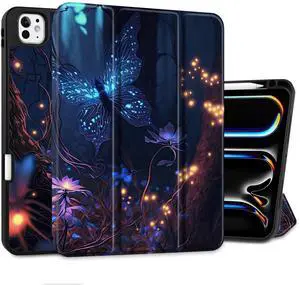 Yebiseven Case for M4 iPad Pro 11 inch 2024 Released Model A2836/A2837/A3006, Shockproof Tablet Case with Pencil Holder & Auto Wake/Sleep & Soft TPU Back Cover, Glowing Butterfly