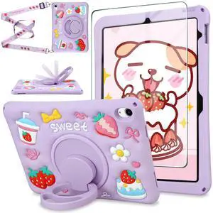 YEBOLU for iPad 10th Generation Case 2022 10.9 Inch, for iPad (A16) 11th Generation 11 Inch 2025, Girls Kids Strawberry Soft Silicone Cute with Screen Protector Shoulder Strap & Rotating Stand, Purple
