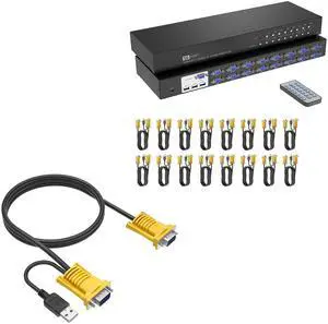 Yinker 16 Port Rack Mount KVM VGA + 2 Pack 10ft VGA KVM Cable