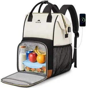 MATEIN Insulated Lunch Backpack for Women, 15.6 Inch Work Laptop Backpack with USB Charging Port, Water-Resistant College Computer Backpacks Meal Prep Lunch Bag Gifts for Nurse Teacher Office Picnic