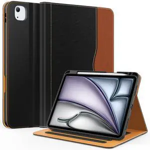 ZoneFoker Premium Leather Folio Case for iPad Air 10.9 inch 2022/2020 - Black+Brown, Multi-Angle Viewing Stand, Apple Pencil Holder