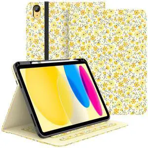 Zonefoker Case for iPad 11 inch (A16) 2025, for 10th Generation 10.9'' 2022, Leather iPad 11th/10th Gen Protective Cover with Auto Sleep/Wake, Pencil Holder, Pocket Desige for Women Men, Yellow Flower