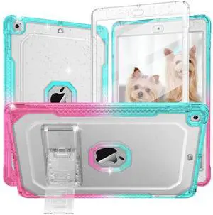 ZoneFoker Case for iPad Air 2 Case, for iPad 6th/5th Generation 2018/2017, for Apple iPad 9.7 inch with Screen Protector/Stand,Clear Glitter Full-Body Coverage Slim Cover for Girls Women (Pink+Teal)