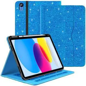 Zonefoker Case for iPad 11 inch (A16) 2025, for 10th Generation 10.9'' 2022, Leather iPad 11th/ 10th Gen Protective Cover with Auto Sleep/Wake, Pencil Holder, Pocket Desige for Women Men, Glitter Blue
