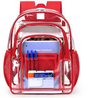 ZORFIN Clear Backpack Heavy Duty for School & Work - 17in Transparent PVC Bag with Large Capacity & Reinforced Straps - See Through Bookbag for Men, Women, Boys & Girls, Workplace Security - Red
