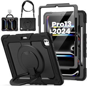 ZSLVPN for iPad Pro 13 Inch Case 2024 M4, Heavy Duty Shockproof iPad 13 Pro case (7th Generation) with Rotating Handle & Stand- Shoulder Strap- Screen Protector- Pencil Holder, Black