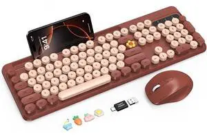 Wireless Keyboard and Mouse Combo, Retro Round Keycaps, Full-Size Stylish Typewriter Keyboard with Phone/Tablet Holder, Ergonomic Mouse with 3-Level DPI, 2.4GHz Connection for Windows/PC (Burgundy)
