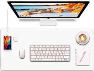 Desk Mat with Wireless Charging, White Mouse Pad with Wireless Charger, Desk Pad Matt for Desktop, Mousepad Gaming Large Mouse Pad, Leather Compute for Keyboard and Mouse, 32" x 16"