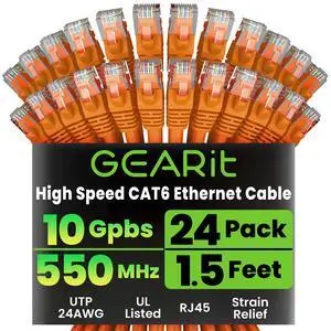 GearIT Cat 6 Ethernet Cable (24-Pack 1.5 Feet) Cat6 Network Patch, 10Gbps, RJ45, Snagless Cord, Gold-Plated Connectors, Internet for PC, TV, Tablet, Router, Printer, Servers, IT Data Center - Orange GearIT Cat 6 Ethernet Cable (24-Pack 1.5 Feet) Cat6 Network Patch, 10Gbps, RJ45, Snagless Cord, Gold-Plated Connectors, Internet for PC, TV, Tablet, Router, Printer, Servers, IT Data Center - Orange