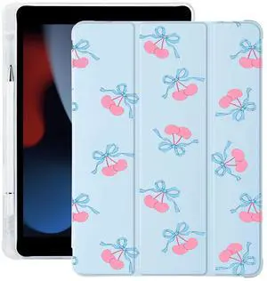 BlHMCASE Cute Bow Cherry Kawaii for iPad mini 7 A17 Pro 2024/iPad Mini 6 Case with Pencil Holder, Auto Sleep/Wake, Blue Leather Soft TPU Back Cover