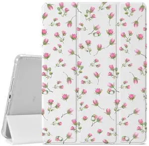 VibrantFruitique Pink Rose Flower Case for iPad 9th/8th/7th Generation 10.2 Inch (2021/2020/2019 Release) Protective Case,Pencil Holder & Clear Soft TPU Back & Trifold Cover for Women