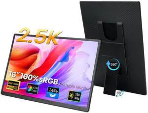 DZVW 16" 2.5K Portable Monitor - QHD Laptop Screen Extender 100% sRGB Wide Color HDMI/USB C/USB A Travel External Display Stand Gaming Monitor for PC Windows MAC Computer Switch Phone Xbox PS4/5