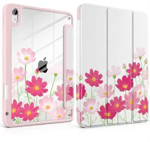 MEEgoodo Case for iPad Air 11 inch M3 2025 / M2 2024,for iPad Air 5th / 4th Generation Case 10.9 inch 2022/2020, Tablet Cover with Acrylic Transparent Back Shell, Bright Pink Flowers