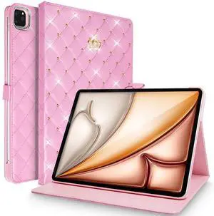 AuroiCCY for iPad Air 13 Inch (M3/M2) 2025/2024 Smart Case, Auto Wake/Sleep Shockproof PU Leather Girl Woman Flip Magnetic Cute Crown Diamond Kickstand Folio Protective Cover for iPad Air 13", Pink