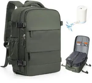 WEPLAN Vacuum Backpack Travel with Pump,Travel Backpack with Vacuum System, Shoe Compartment,United Airlines Personal Item Bag 17x10x9,Mochila compresion al vacio,Brown Green