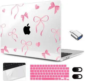 MEEgoodo Case for MacBook Air 15 inch M4/M3/M2 2025 2024 2023, Case Fit Model (A3241/A3114/A2941) for MacBook Air 15-inch, Laptop with Keyboard & Camera Cover & OTG Adapter, Pink Ribbons Bows