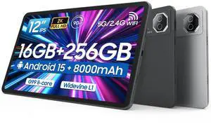 Tablet 12 inch Large Screen, Android 15 Tablet 16GB RAM 256GB ROM, 2K 2000x1200 Incell Widevine L1 Display, Gaming Tablets with Helio G99 Octa-core, 8000mAh 18W Fast Charge Tablets, AI Support, GPS