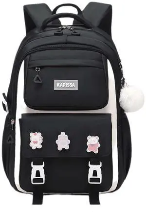 MININAI Cute Backpack for Kids Teen Girls Boys Large Kawaii Aesthetic Elementary Middle School Student Bookbag Preppy Laptop Backpack for Ages 6-8 8-10 10-12 with Pin Accessories Plush Pendant, Black