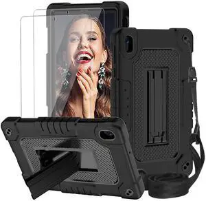 JBuwsdan Compatible with Walmart Onn 8 2024 Tablet Case Built in Kickstand Heavy Duty Protective Case with Shoulder Strap + 2 Pcs Screen Protector for Onn 8 4th Gen 100135923 (Black+2Pcs)