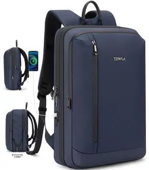Tzowla Business Expandable Laptop Backpack for Men Professional,Slim Waterproof Backpacks for Travel/Work/Office/College with USB/Type C Charging Port,Lightweight Bag Fit 17.3 Inch Notebook(Blue)