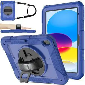 BMOUO Case for iPad (A16) 11th Generation 11" 2025/iPad 10th Generation 10.9 inch 2022, 360 Rotating Stand & Pencil Holder & Hand & Shoulder Strap Shockproof iPad 11th/10th Generation Case, Navy Blue