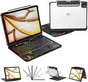 Uminy Keyboard Case for iPad 11 inch Pro 4/3/2/1st Gen & 11 iPad Air 2025 M3, 2024 M2 & 10.9" iPad Air 5th/4th Gen, 360° Rotating Stand Transparent Protective Cover with Pencil Holder (Black)