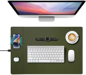 Hi-HONX Wireless Charging Mouse Pad, 15W Fast Charge Magnetic Charger Desk Pad, Large Office Desk Mat (23.4x15.6) with Ultra-Smooth Surface, Military Green Computer Mousepad for MacBook, PC, Laptop