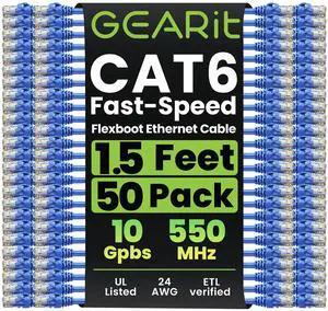 GEARit 50-Pack Cat6 Patch Cable 1.5 Feet / 18 Inches Cat 6 Ethernet Cable Snagless Flexible Soft Tab - Premium Series - Blue