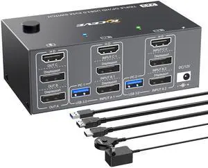 HDMI Displayport KVM Switch 3 Monitors 2 Computers 8K@60Hz 4K@144Hz,3 Monitor KVM Switch 2 Computers for 2 PC Share 3 Monitor and 4 USB3.0 Devices,Triple Monitor KVM Support Extended and Mirror Mode