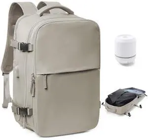 Vacuum Travel Backpack with Pump for Women,Personal Item Carry on Backpacks Flight Approved 18x14x8 inches for Men,Laptop Waterproof Work Compression bags Casual Daypack(GreyBrown)