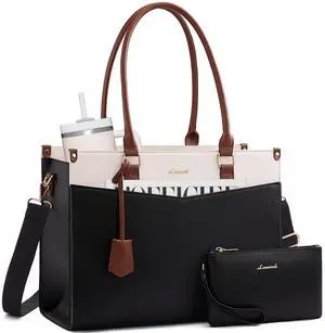 LOVEVOOK Laptop Bag for Women 15.6 Inch, Waterproof Leather Tote Purse with Cup Holder & Elegant Clutch, Multi Pocket Large Capacity Work Briefcase for Office Travel, Black-Beige-Brown