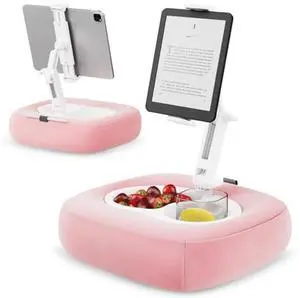 TabHolderix Tablet Pillow Stand, Adjustable Kindle Holder with 2 Snack Bowls, 360° Adjustable iPad Stand for Bed with 4.7''-13'' iPad, Kindle, Phone, Gift for Reading Accessories on Bed, Sofa, Pink