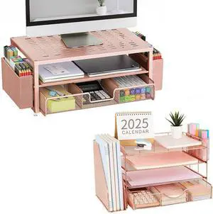 gianotter 4-Tier Paper Letter Tray + Monitor Stand with Storage (Rose Gold)
