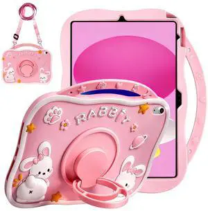 Weuiean Premium Safe Material Silicone 3D Cartoon-Themed Shockproof Case for iPad A16 11th/10th Gen 11"/10.9", with Adjustable Shoulder Strap &Stand, for Women Girls Girly Boys Teens, Pink Rabbit