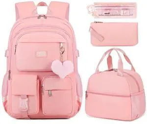 qodbopack 3PCS School Backpack For Student Women College Middle High Teen Girls Bookbag Waterproof Laptop Bag Pink