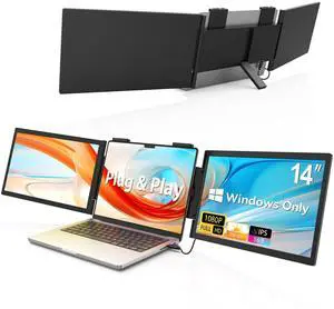 HotYeah Triple Laptop Screen Extender, (Windows Only) 14" 1080P Dual Portable Extended Monitor, USB-C Travel Dsiplay w/Kickstand, Tri Screen Monitor for 14-16" Laptop, One Cable Connection