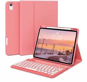 kenke Case for iPad (A16) 11-inch 2025 / 10th Generation 10.9-inch 2022 with Keyboard, Stand Folio Cover with Pencil Holder, 7 Color Backlit Detachable Wireless Keyboard, Pink