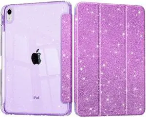 Lepeoac Sparkly Case for iPad 11 inch A16 2025 Generation 11th / iPad 10.9 inch 2022 10th Gen, Buit in Pencil Holder with Glitter Transparent Back Cover Trifold Stand Auto Wake/Sleep, Sparkly-Purple