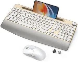 GAMCATZ Ergonomic Wireless Keyboard and Mouse with Wrist RestPhone Holder - 2.4GHz Full-Sized Low-Profile Quiet Gold Wireless Mouse and Keyboard Combo for Computer, Laptop, PC, Mac-Gold