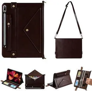 Tablet Carrying Shoulder Bag Case for Samsung Galaxy Tab S9 FE/S9/S8/S7 11", Retro PU Leather Hand Strap Crossbody Shoulder Strap Cards Holder Pocket S Pen Holder Stand Protective Case,Dark Coffee