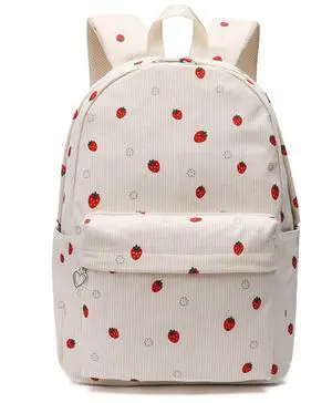 MININAI Kawaii Corduroy Backpack for Women Cute Floral Print Aesthetic Travel Book Bag Coquette Preppy College Laptop Daypack (Red Strawberry)