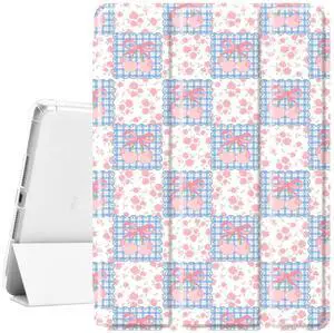 Idocolors Cute Kawaii Grid Pink Cherry Pad Case for 11 Inch iPad Air(2024), Clear TPU Smart Stand Back Cover with Pencil Holder, Auto Wake/Sleep Foldable Shockproof Protective Case for Women Girls