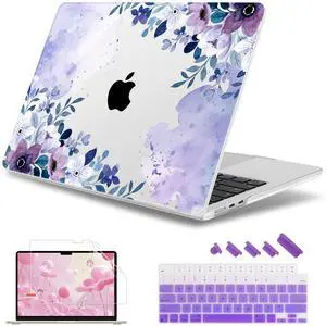 May Chen Compatible with M4 MacBook Air 15 inch Case 2025 2024 2023 A3241 A3114 M3 A2941 M2 with Liquid Retina Display & Touch ID, Plastic Hard Shell with Keyboard Cover - Watercolor Purple Floral