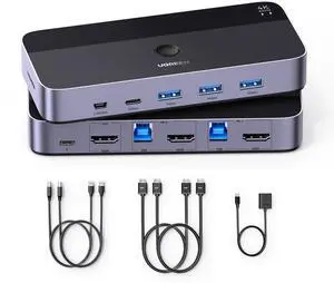UGREEN HDMI KVM Switch 1 Monitor 2 Computers, with 4 USB 3.0 Ports 4K@60Hz KVM Switches for 2 Computers Sharing One Monitor Keyboard Mouse Printer with 2 HDMI Cables, 2 USB Cables, Controller