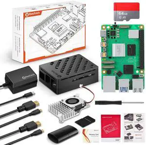 RasTech Raspberry Pi 5 4GB Kit 64GB Edition with Active Cooler,27W GaN 5.1V5A USB-C Power Supply,Pi5 4GB Board,64GB Card Readers Kit,Pi 5 Case,Dual 4K Micro HD Out Cables and User Manual