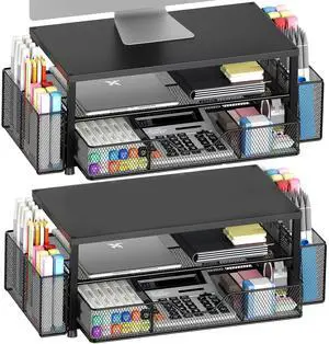 OPNICE Desk Organizer and Accessories, 2-Tier Computer Monitor Stand Riser with Drawer and 2 Pen Holders, Laptop Stand, Office Desk Accessories for Office Supplies, Black 2-Pack