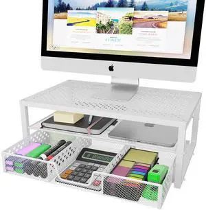 Simple Trending Metal Monitor Stand Riser and Computer Desk Organizer with Drawer for Laptop, Computer, iMac, White